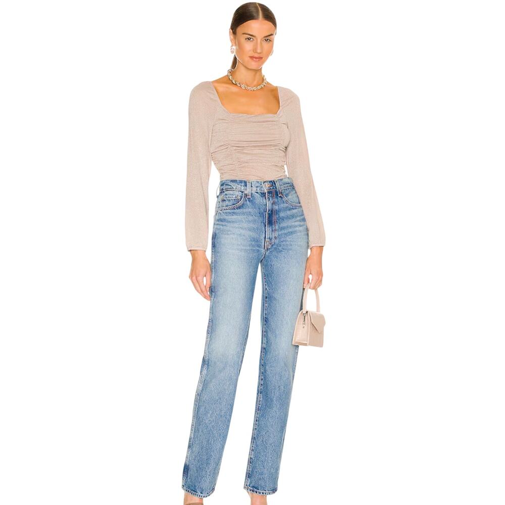 BCBGeneration NWT Champagne Metallic Ruched Square Neck Long Sleeve Crop Top M - Picture 5 of 14